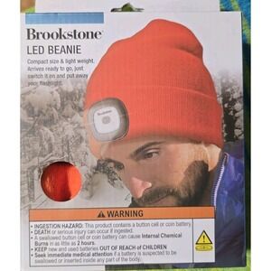 Brookstone LED Beanie Hat - Orange Knit Cap with Built-in Headlamp - One Size